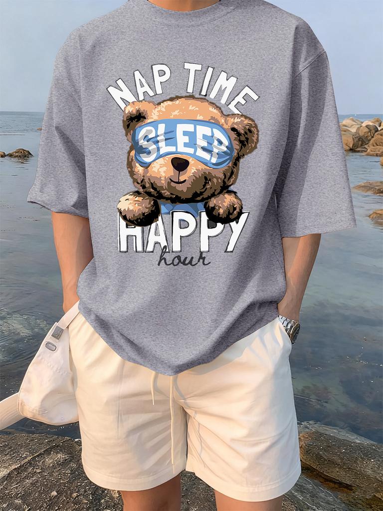 Cartoon Bear Nap Time Happy Prints TShirts Womens Cotton Summer Short Sleeve Tees Soft Loose ONeck Tops Casual Womans Clothes