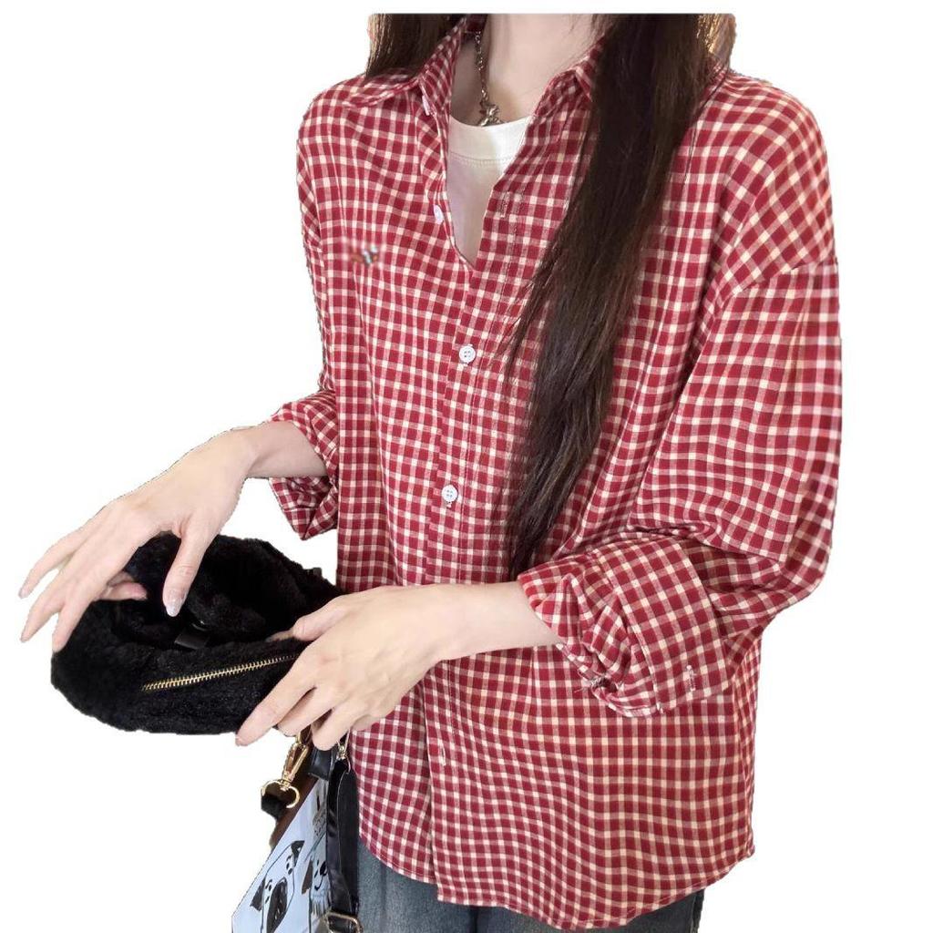 Women's Red Embroidered Plaid Shirt Jacket - Spring 2025 Small Size Casual Fashion