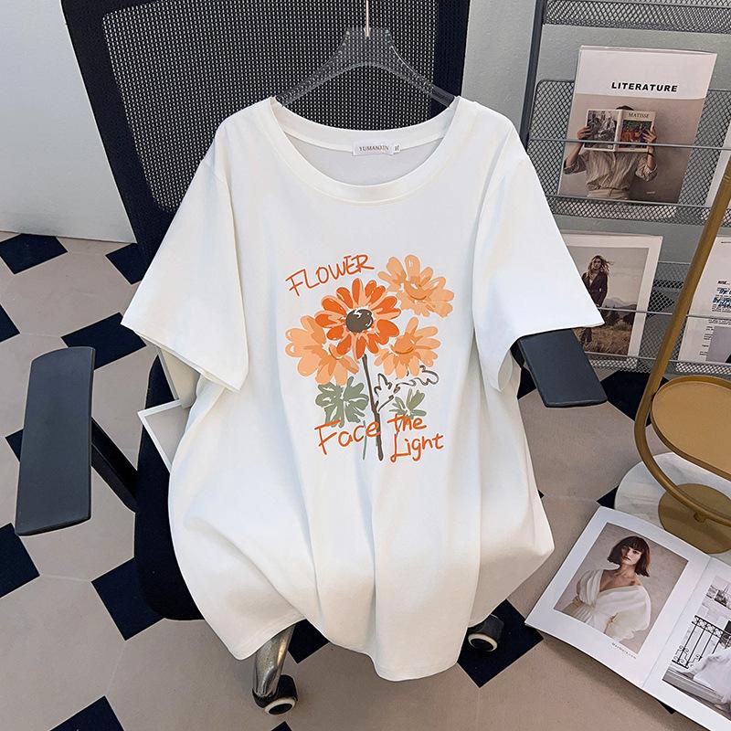 Plus Size Loose Fit Mid-Length Round Neck T-Shirt for Women (Short-Sleeve, Slimming, Belly Covering, Available In Sizes 200/300/350 Jin)