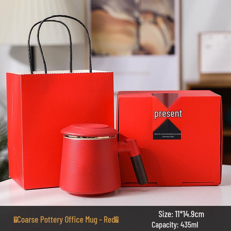 Wooden Handle Ceramic Filtered Tea Cup with Gift Box