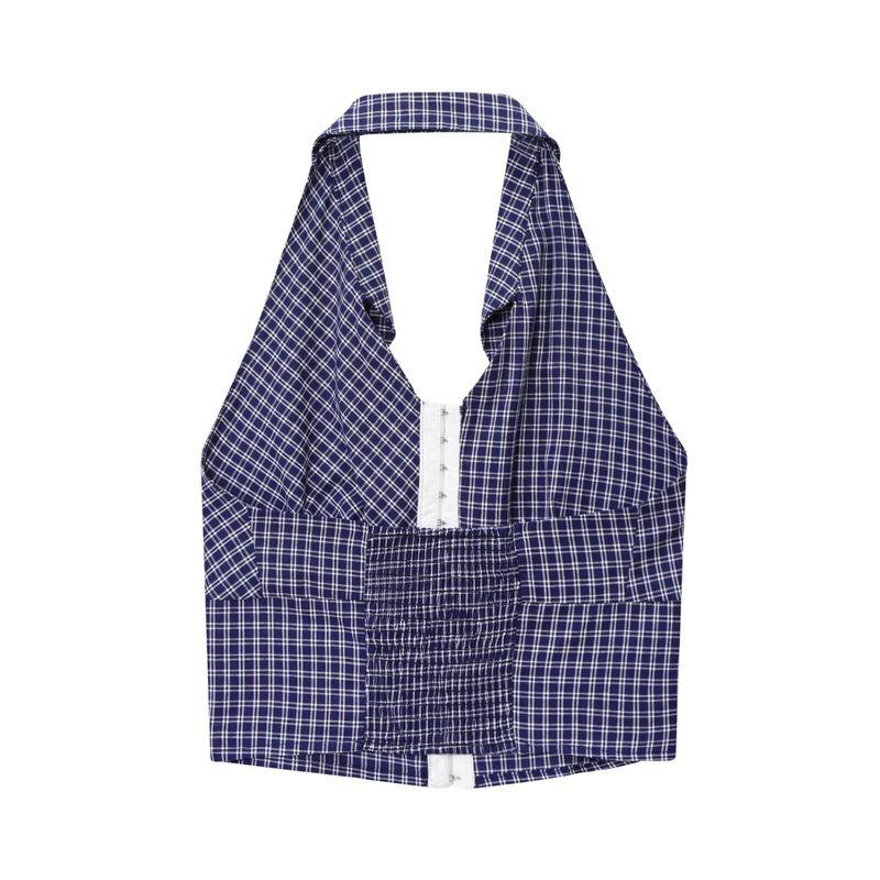 Zbzr Spring New Women Clothes Western Style Fashion Temperament Gyaru Hanging Neck Lapel Plaid Short Top