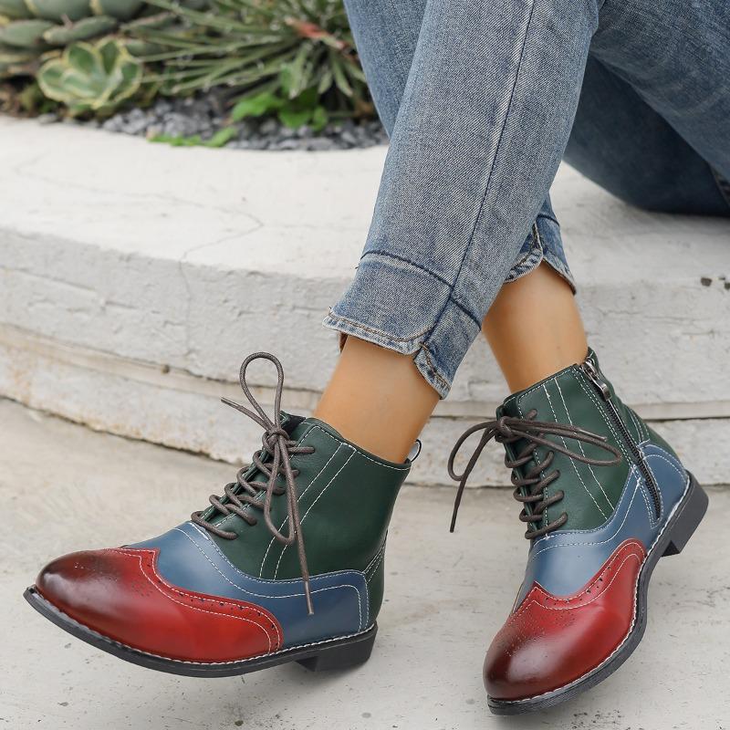 Multicolor Block Heel Single Boots Women's Round Toe Spliced Side Zip Front Lace-Up Soft Sole Non-Slip Shorthole Boots