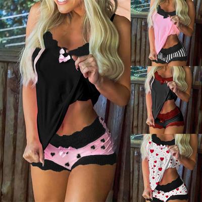 New Nightwear Set Heart Printed Patchwork Two-piece Adjustable Backless Vest Shorts for Vacation