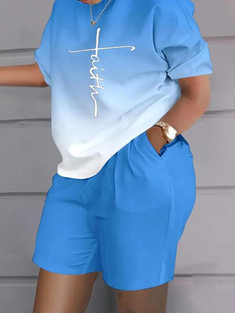 Casual Top & Shorts Set Sets Casual Short Sleeve Tshirt Outfit Women Summer Gradient 3D Print Pocket Short Sets Suit Female T Shirt Shorts