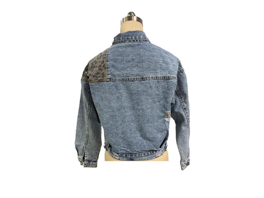 TEMU Damen Distressed Jeansjacke mit Leopardenmuster, Langarm, zerrissene Oberbekleidung.