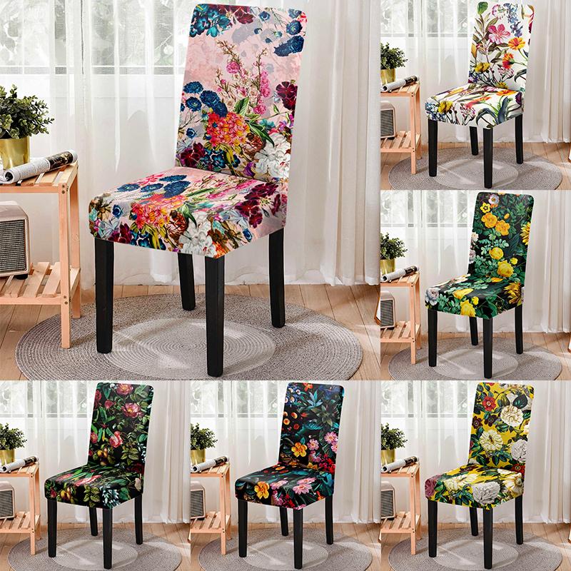 Flower Group Printed Spandex Anti -Dirty Elastic Seat Cover Removable High Back Dining Chair Cover Washable Kitchen Stools