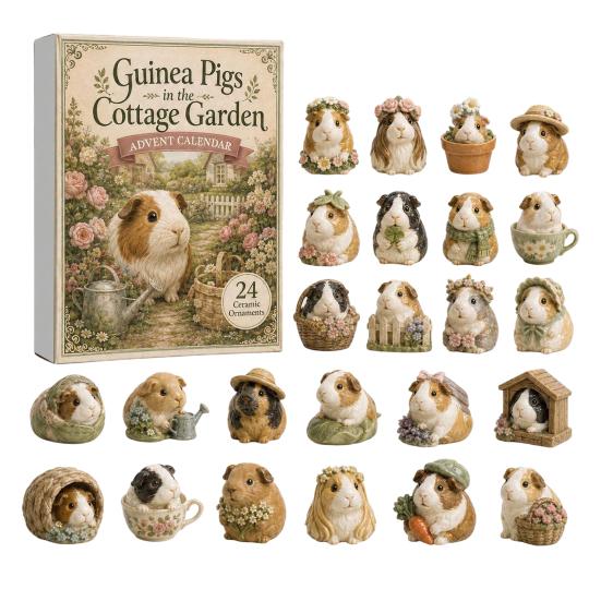 Retro Pastorale Stil Dekorations-Weihnachts-Adventskalender mit 24 Meerschweinchen, Gartenthema Niedliches Geschenk für Meerschweinchen-Liebhaber Tierfiguren, Dekorativ