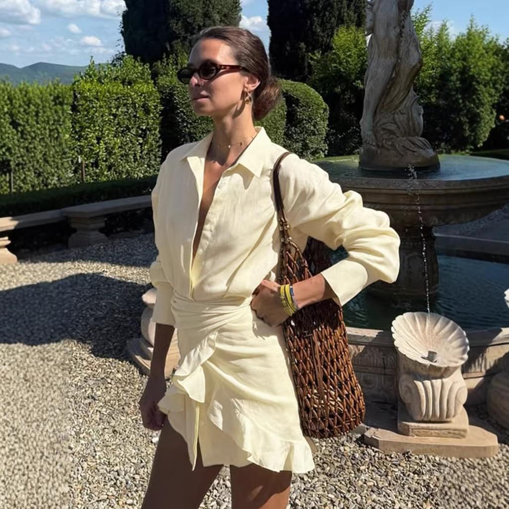 Shirt skirt European and American summer new vacation lazy solid color lace-up lapel hip shirt dress