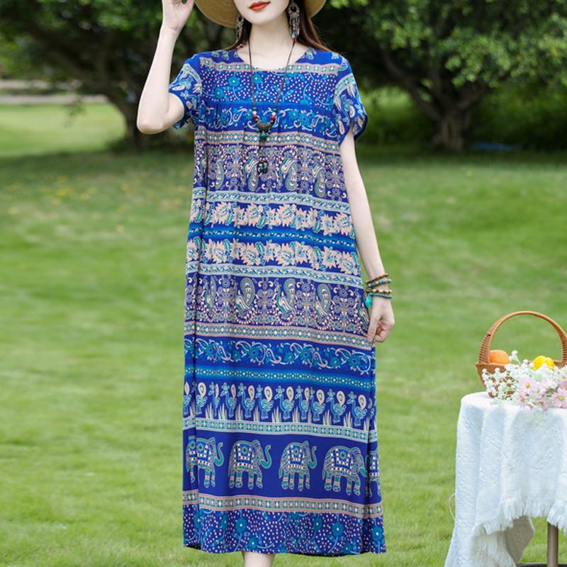 Damen Plus Size Boho-Print Maxikleid, Kurzarm Freizeit-Sonnenkleid (XL-5XL)