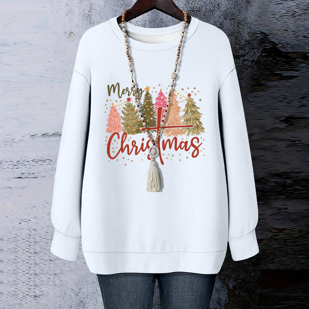 Ladies' Christmas Printed Round Neck Long Sleeved T-shirt Sweatshirt Top