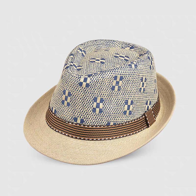 Summer Sunshade Plaid Hat Men's Outdoor Sunscreen Hat Short Brim Top Hat Tide Beach Sun Straw Hat Weaving