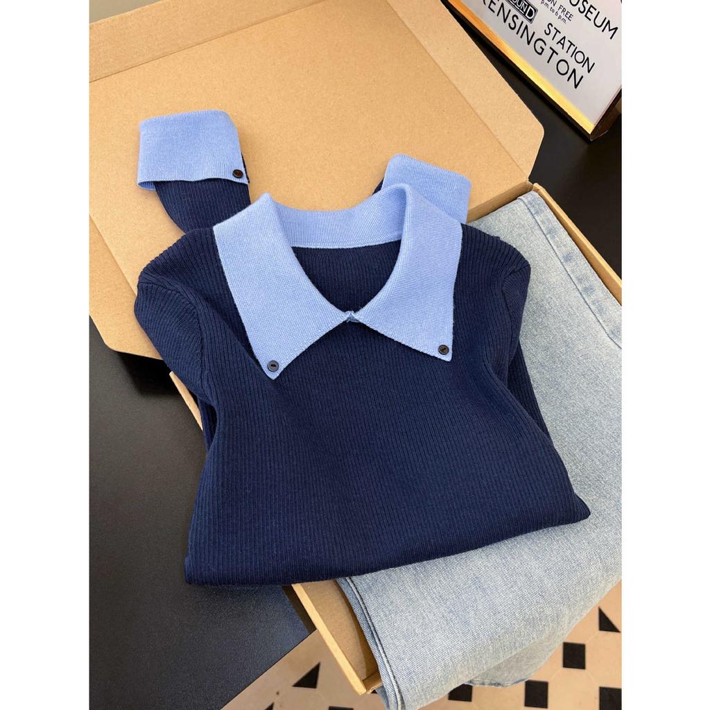 Maillard Coffee Lapel Bottom Top Women's Autumn and Winter Contrasting Olo Shirt Slim-fitting Versatile Commuter Knitted Sweater