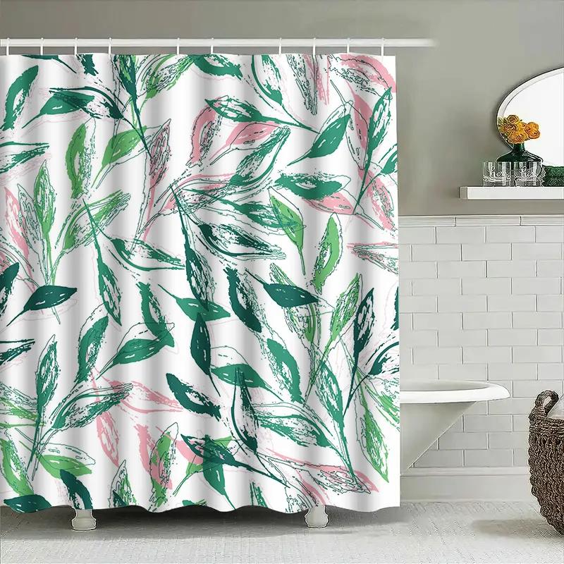 Colorful Leaves Shower Curtain Modern Bathroom Decor For Home Decoration Green Pink White Water-Resistant Fabric Easy Installati