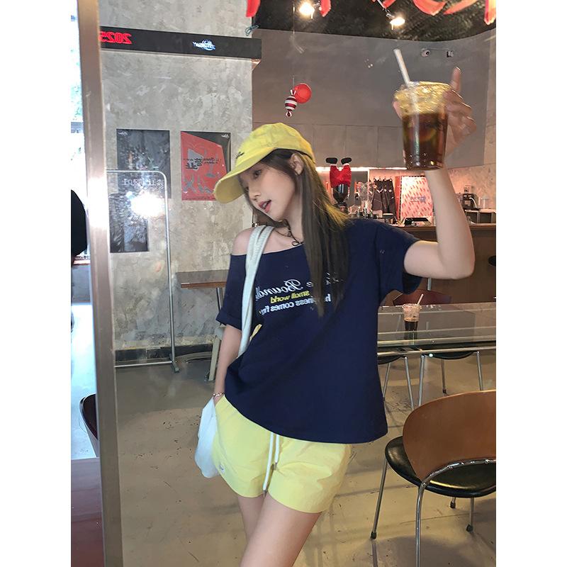 Blue Diagonal Off-shoulder Beautiful Short-sleeved T-shirt Women's Summer New Lazy Style Loose One-word Shoulder Top
