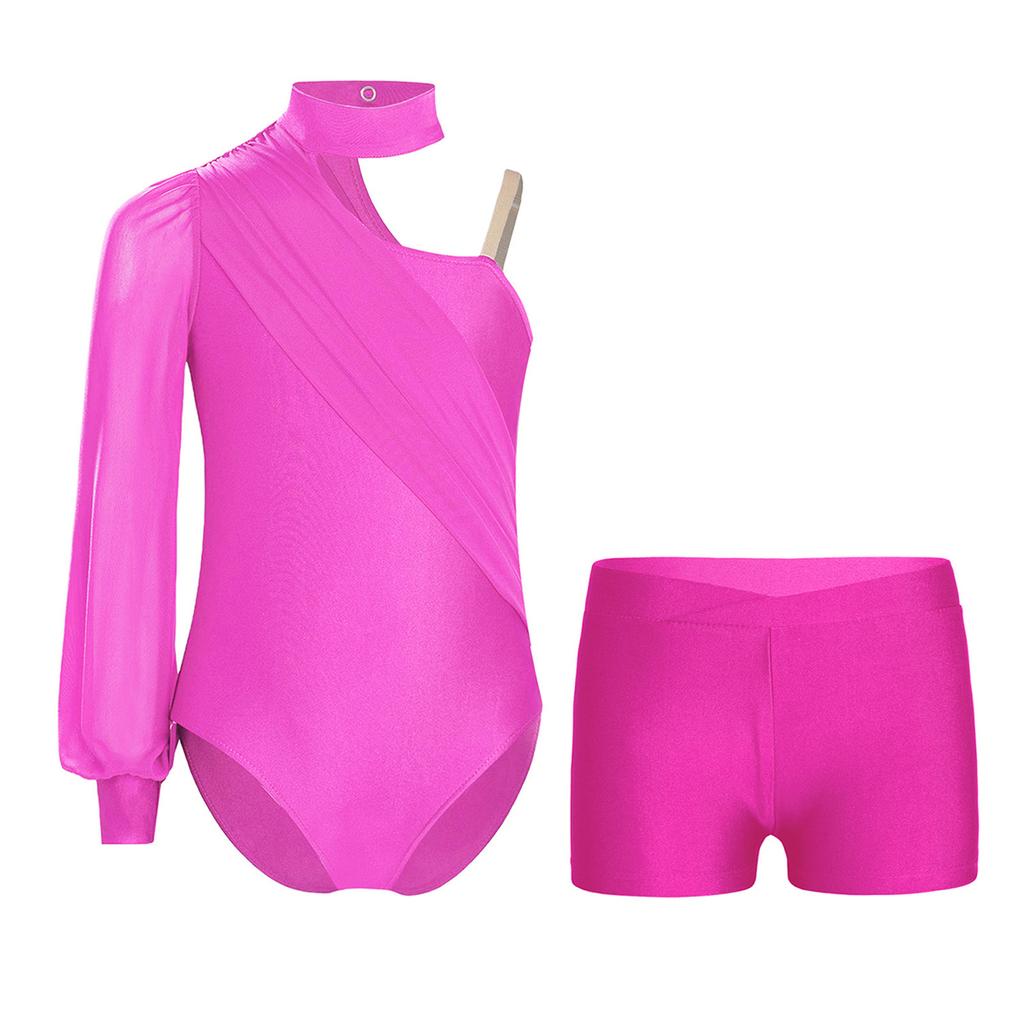 Traje de Danza para Niñas Maillot de Malla Fruncida de Manga Larga con un Hombro y Shorts con Escote en V para Patinaje Artístico Gimnasia