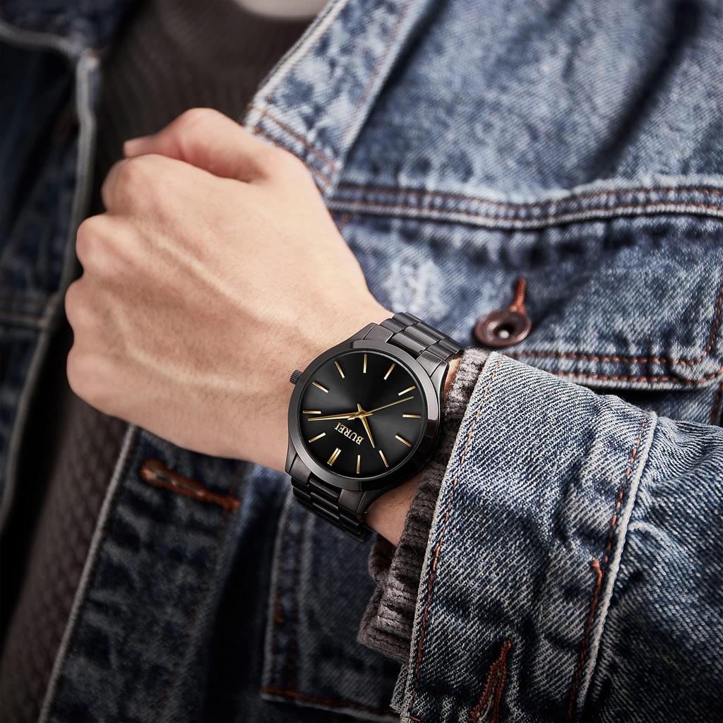 [BUREI] Men's Analog Quartz Watch Simple Waterproof Black Business Casual Stylish Popular Gentleman Watch Gift Red (Gold Second Hand)