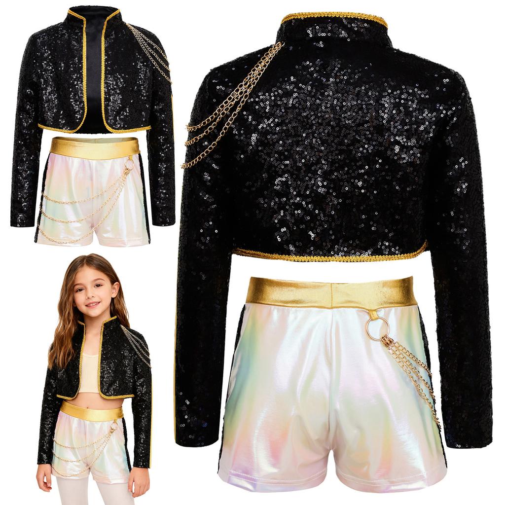 Girls Demon Cosplay Singer Dance Outfit Party Costume Sequins Shiny Long Sleeve Jacket with Golden Chain And Waist Chain Shorts