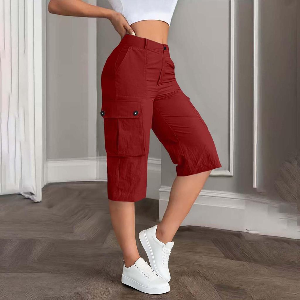 Damen Mid-Waist Relaxed Fit Cargo-Shorts mit elastischem Bund hinten, Knopf- und Reißverschluss, Mehrere Taschen