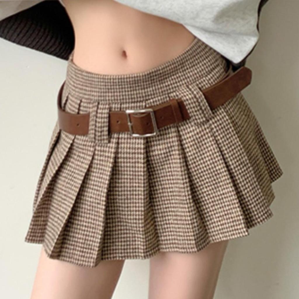 Women's Retro Houndstooth Pleated Midi & High Waist Mini Skirt - Autumn Collection XS