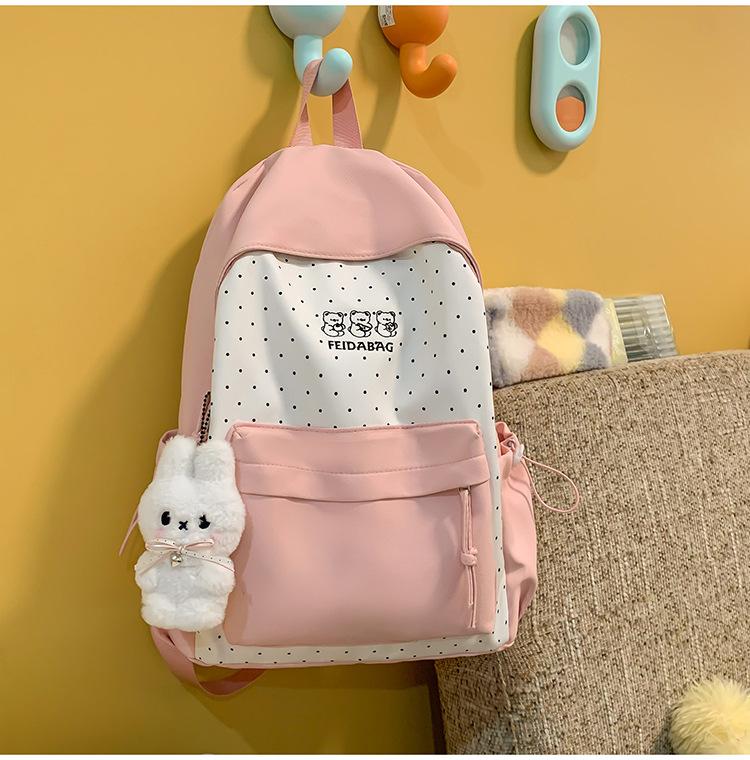 Schoolbag Fog Island Milk White Mint Bear Polka Dot Splicing School Bag Student Party Soft and cute Vitality Wind Versatile Street Backpack