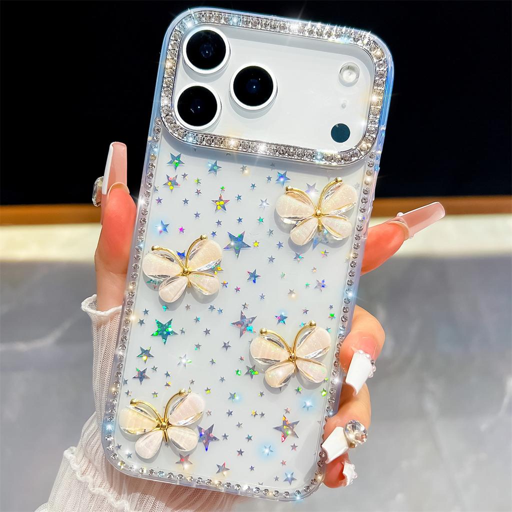 Handmade Sparkly Diamond Glass Butterfly IMD Phone Case, Compatible with iPhone 13,iPhone 14,iPhone 15,iPhone 16,iPhone 17 Series