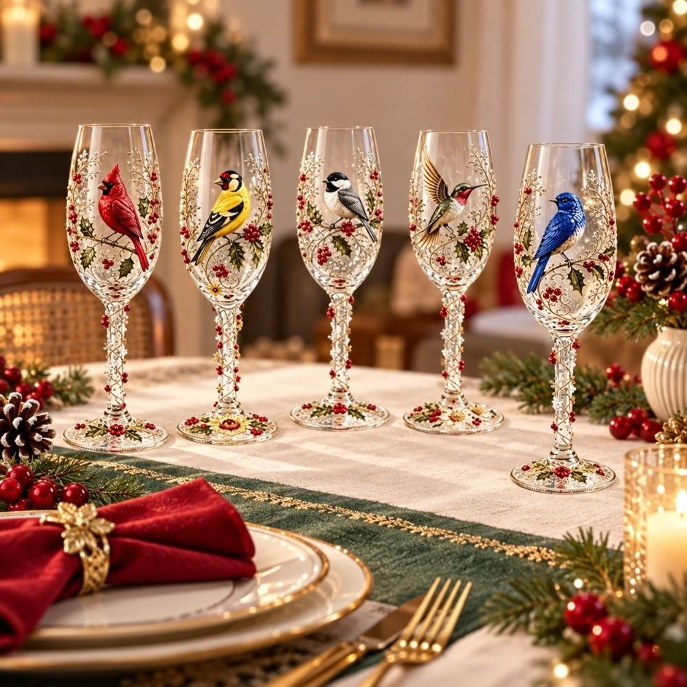 2D Printing Pattern Christmas Wine Glass Red Berries Xmas Bird Cup Bird Glass Goblet Party