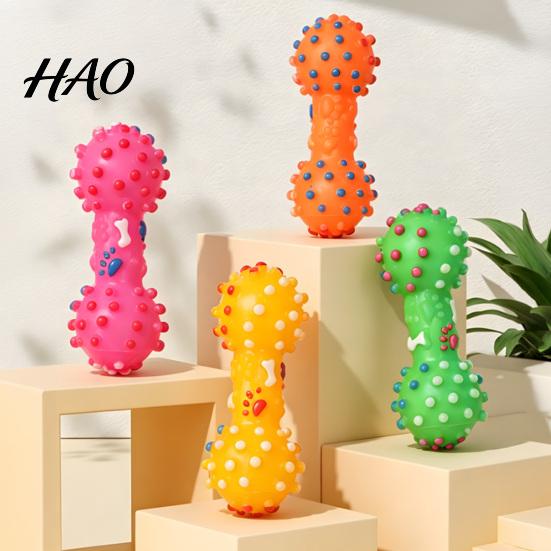 Oral Health Care Dog Toys Squeaky Dumbbell Toy, Vinyl Chew Spiky Teeth Safe Non-Toxic Cleaning Toy for Small Large Dogs Interactive Play Bright