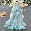 High-end vacation style sleeveless neck dress women's summer mint green lotus leaf edge pleated temperament long dress