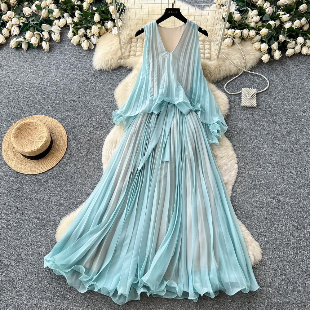 High-end vacation style sleeveless neck dress women's summer mint green lotus leaf edge pleated temperament long dress