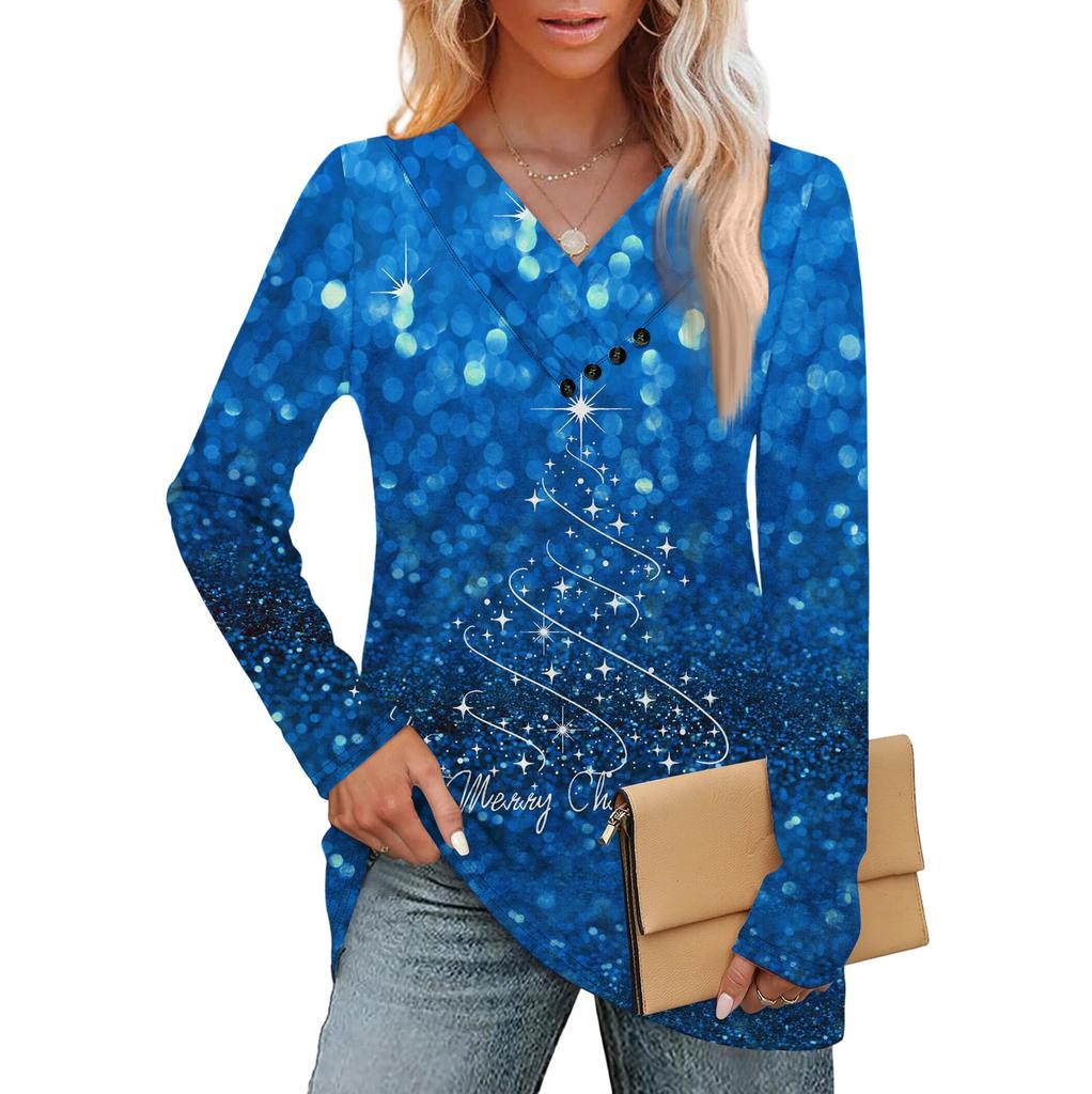 Dámský módní ležérní top s véčkovým výstřihem, plisovaný, vánoční, s dlouhým rukávem