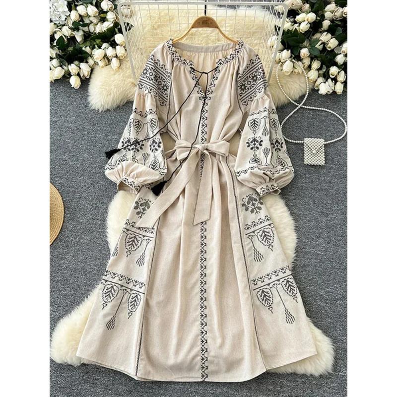 

Bohemian Retro Ethnic Style Dress Women s New Spring Autumn Embroidered Lace Up Lantern Sleeves Waist Cinching Long Dress One Size