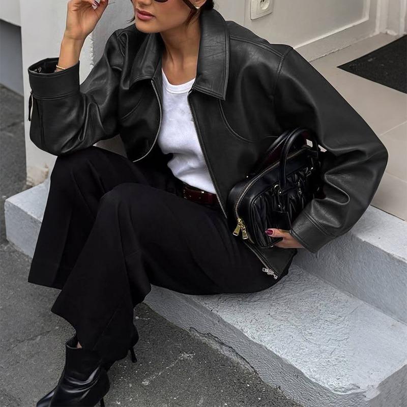 Casual Style Long-sleeved Leather Jacket for Women 2025 Autumn and Winter