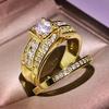 18k Gold Full Diamond Princess Square Diamond Ring, European and American Luxury 2-piece Engagement Ring.