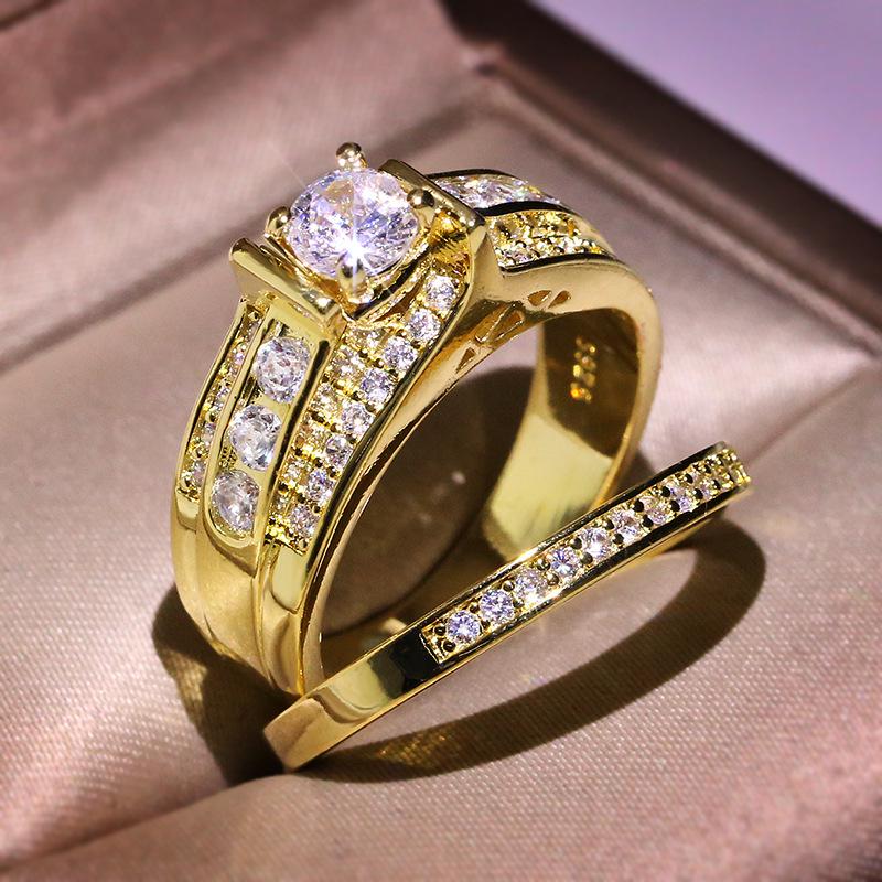 18k Gold Full Diamond Princess Square Diamond Ring, European and American Luxury 2-piece Engagement Ring.