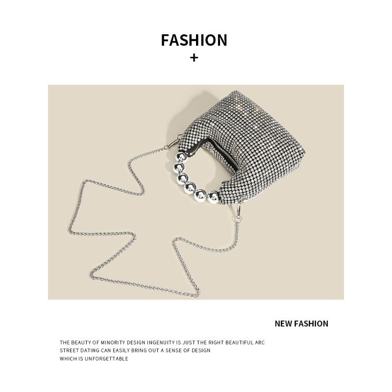 New round bead handbag inlaid brick women's fashion versatile diamond chain rhinestone shoulder bag messenger dinner bag