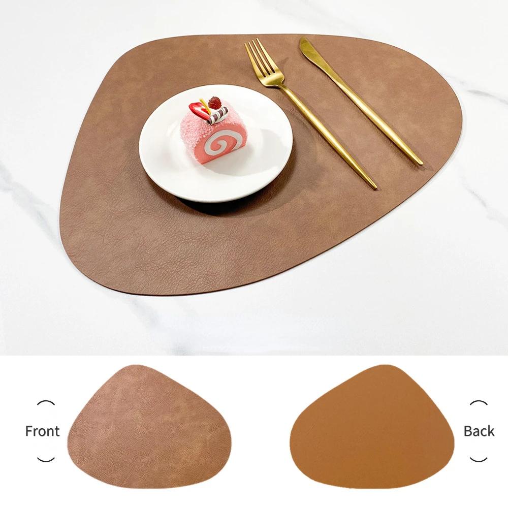 Double Sided Anti Slip PU Insulation Pad Table Mat, Nordic Style Imitation Cowhide Pattern Water Droplet Shaped Leather Placemat
