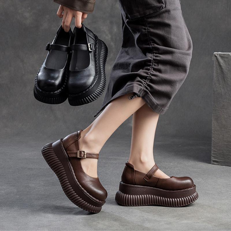Johnature Scarpe Mary Janes Scarpe con plateau piatte in vera pelle Sandali con altezza della suola spessa con fibbia
