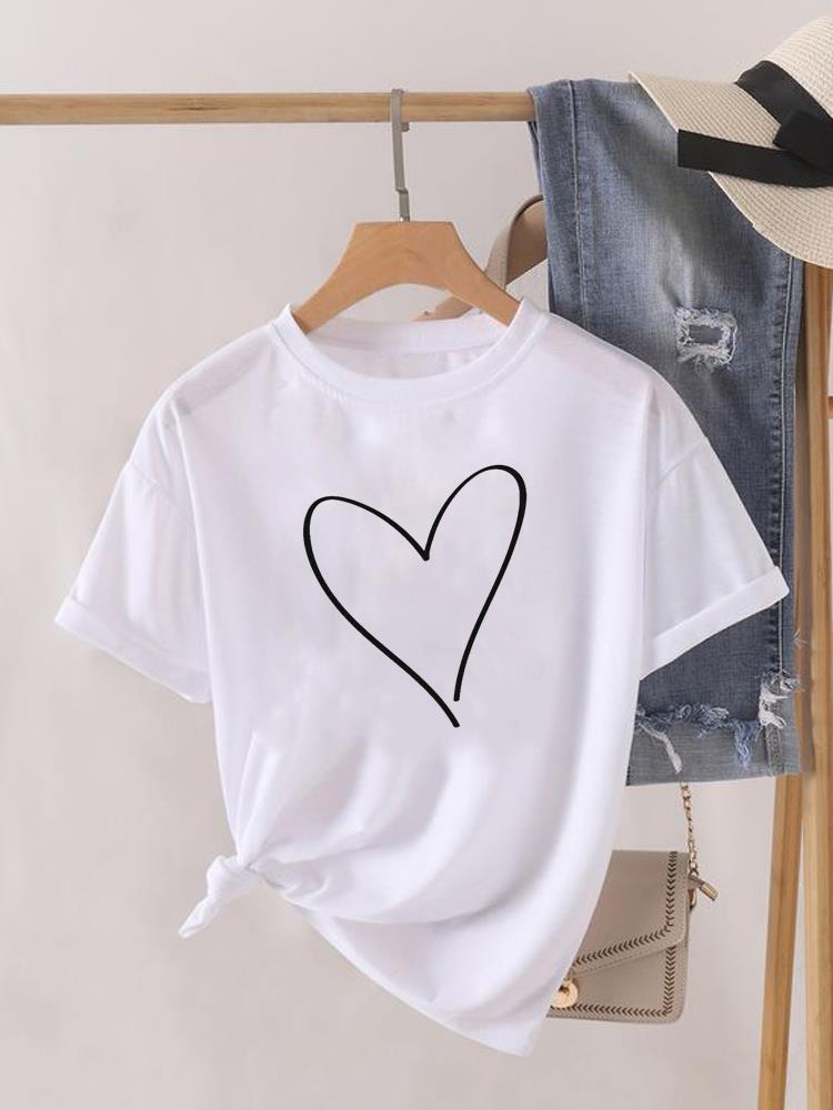 Love Heart Print Clothes Graphic Tshirt Fashion Print Summer Unisex Trend Sweet Short Sleeve Lady Female Shirt Tee