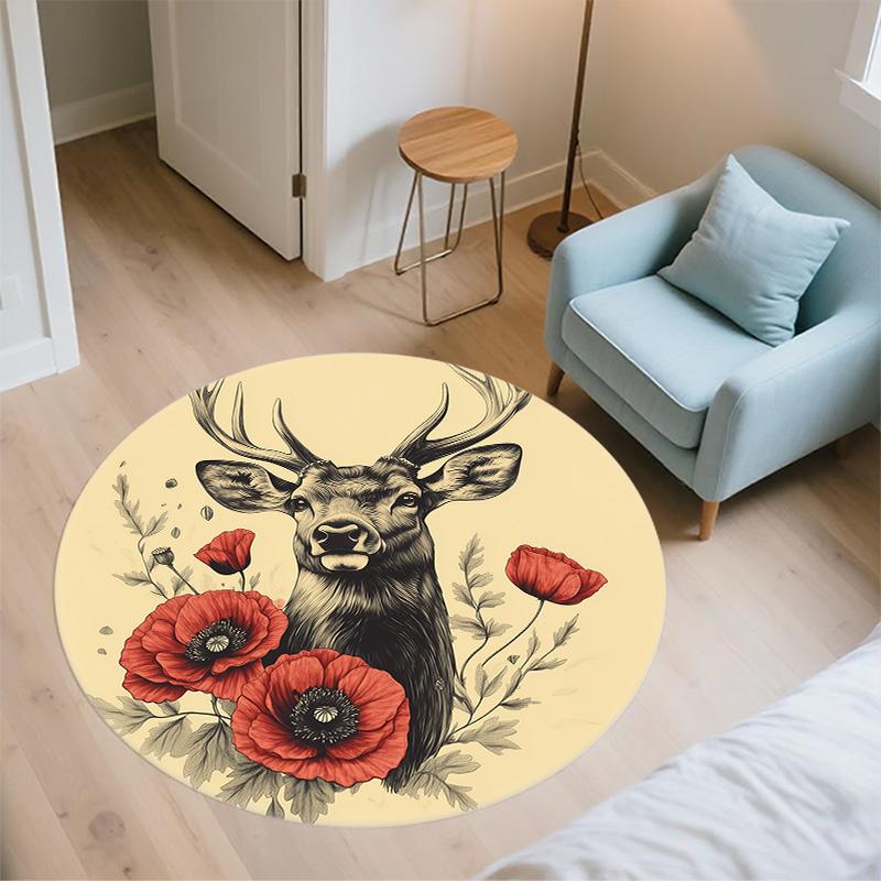 Deer Antler Flowers,Round Area Rug,Carpet Rug for Living Room Bedroom Sofa Playroom Decor,Non-slip Floor Mat