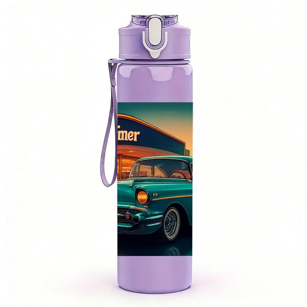 1PC Retro Van Desert Sunset Scene Print 750ml Color Plastic Sports Water Bottle Leakproof Flip Straw Lid Suitable for Sports Office Home Use