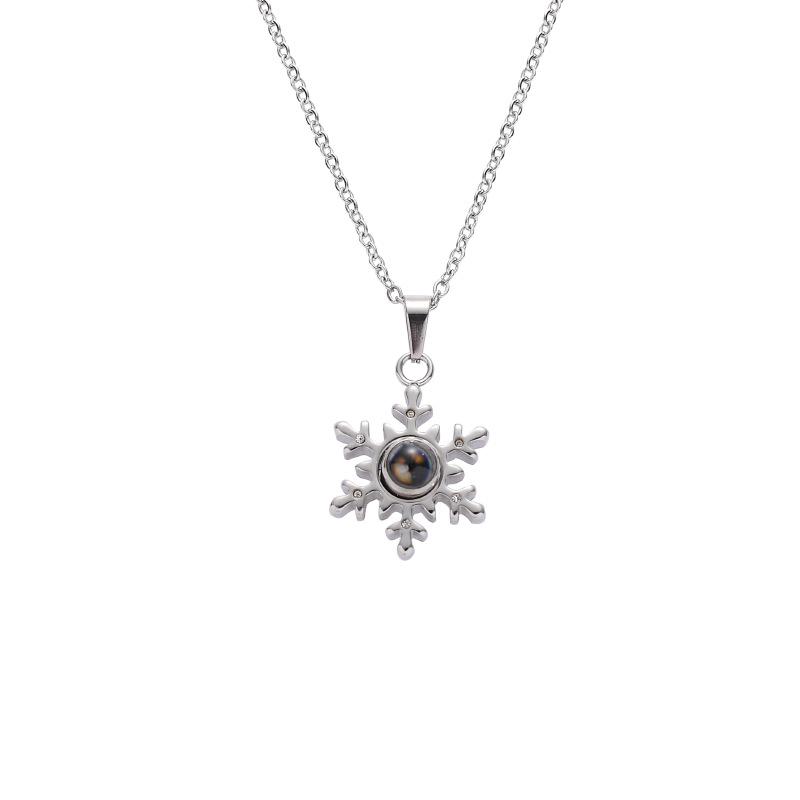 Women Korean Minimalist Snowflake Necklace Titanium Steel 100 Languages I Love You Projection Pendant Zircon Inlaid Love Memory Collarbone Jewelry