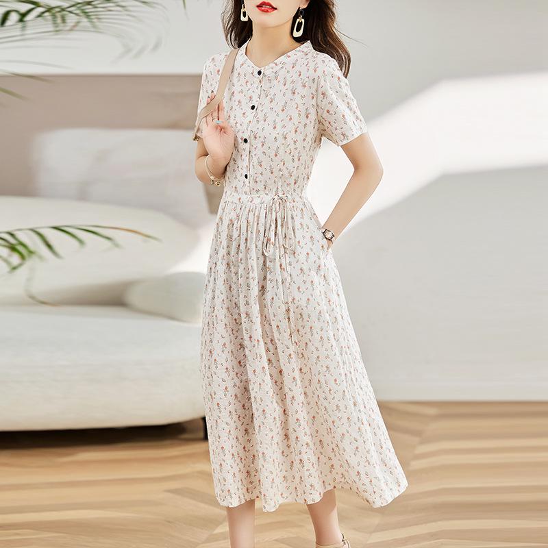 Dámské letní 2025 květinové bavlněné lněné šaty - Krátký rukáv, zeštíhlující pas, dlouhá délka, omlazující, módní ležérní oblečení pro matky