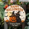 Happy Halloween Black Cat Pumpkin Metal Wall Art 7.87x7.87 / 11.81x11.81 Inch Round Aluminum Sign for Home Garden Halloween Wall Decor