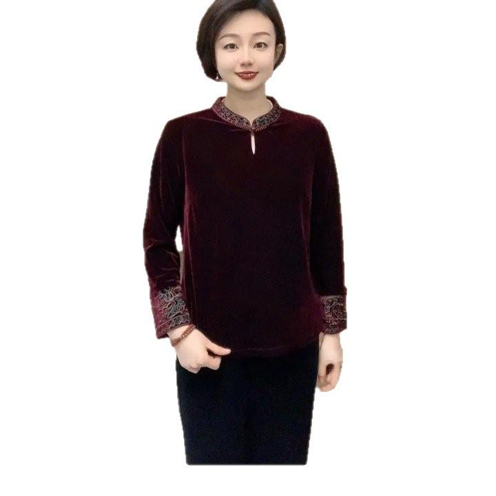 Velvet Long-Sleeve Qipao Top for Middle-Aged & Elderly Mothers - Autumn/Winter Fashion Base Layer