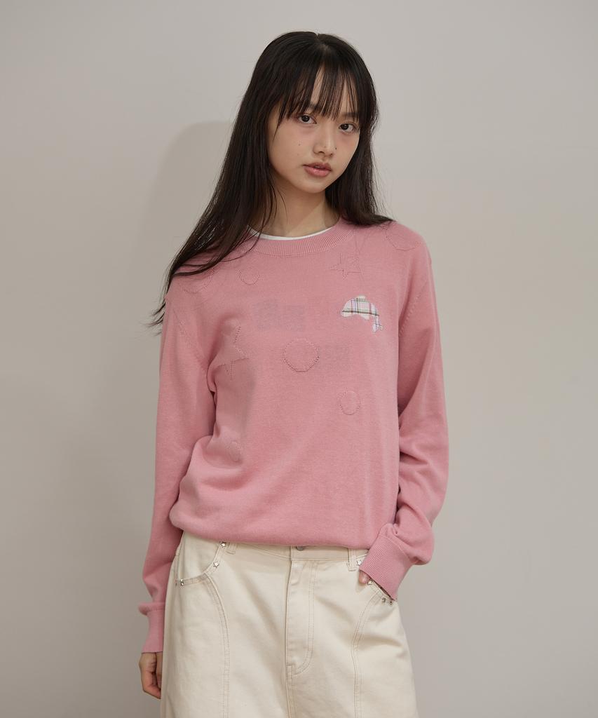 WAIKEI Dolphin Check Applique Crewneck Knit Pink