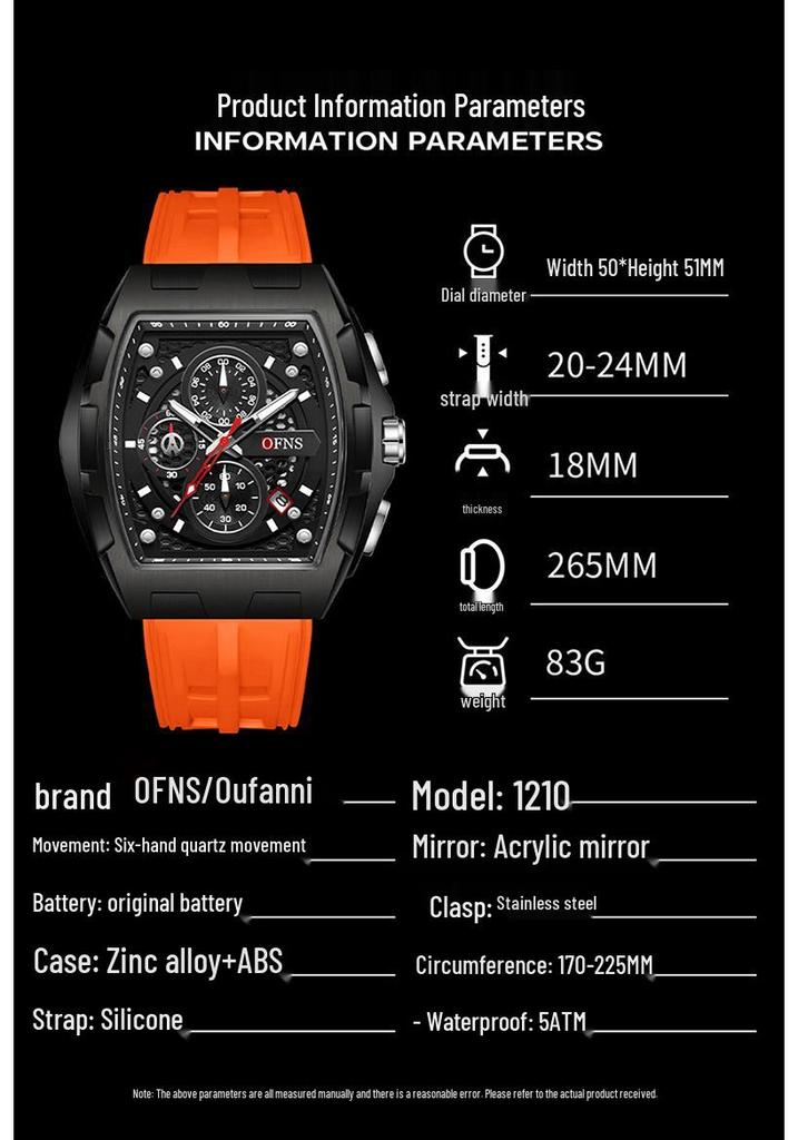 OFNS Men's Fashion Chronograph Watch: Trendy, 50M Waterproof, Luminous, Calendar, Three-Hand Design