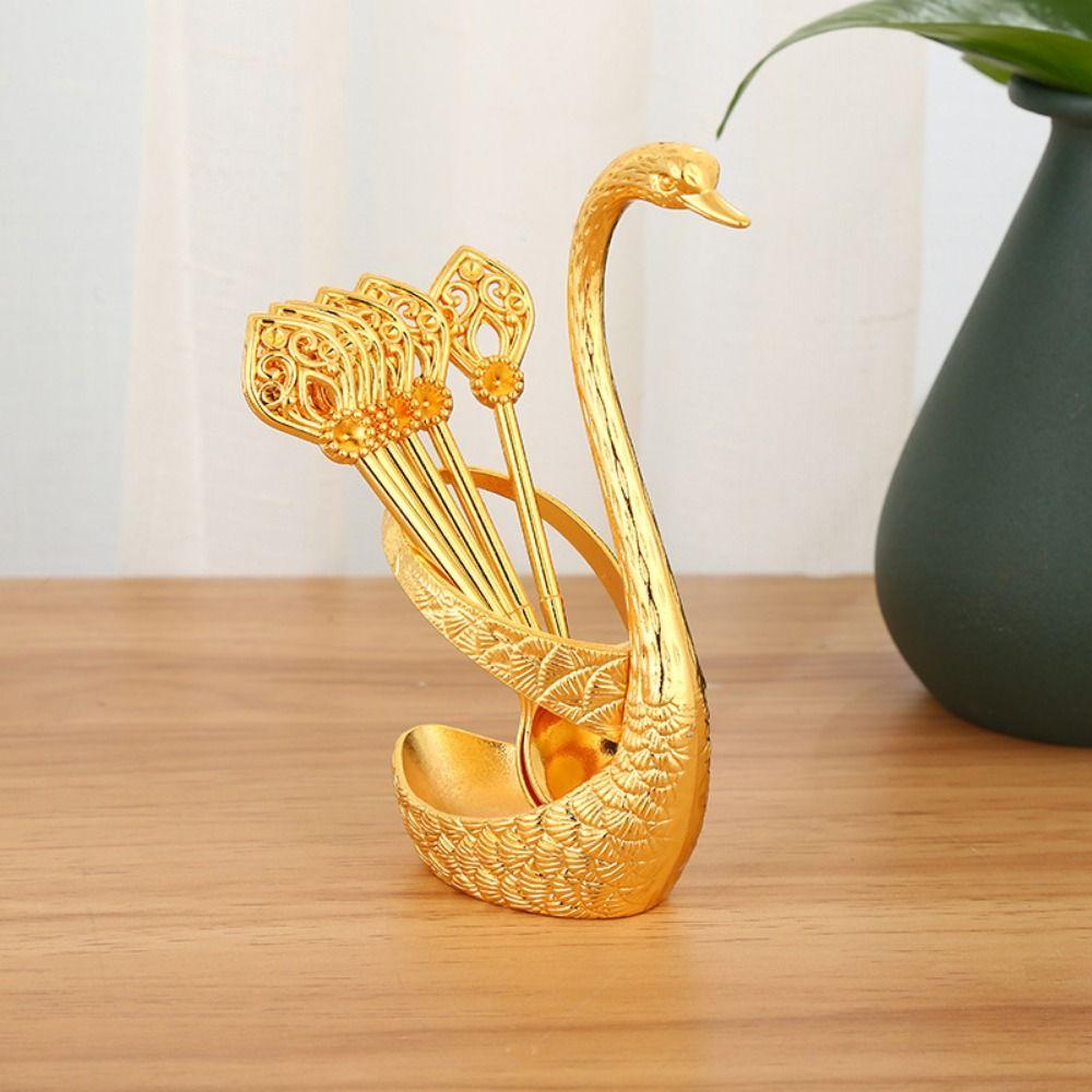 6Pcs Zinc Zinc Zinc Alloy Luxury Dessert Utensils with Swan Shaped Base Dessert Spoon  Kitchen