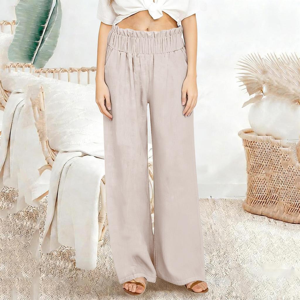 Casual linnen broek met wijde pijpen voor dames, elastische taille, veelzijdige zakelijke casual palazzo broek met zakken.