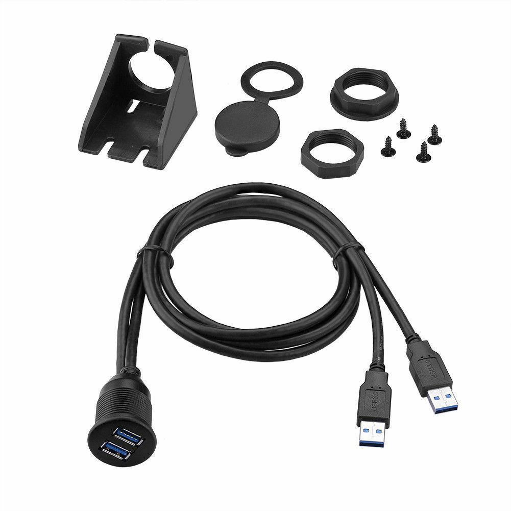 Dual USB Jack Recessed Socket Adapter 1M Cable Connector Extension Car Auto Flush-mounted Cable Set