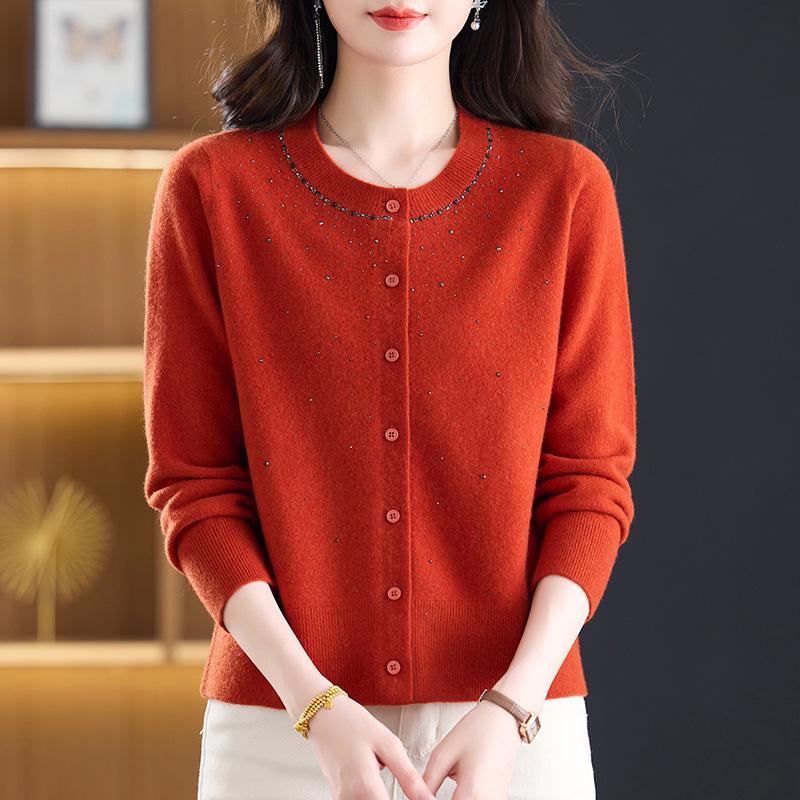 Women's Pure Wool Knit Cardigan - Spring Fashion Casual Round Neck Sweater for Middle-aged Mothers, Autumn/Winter Outerwear